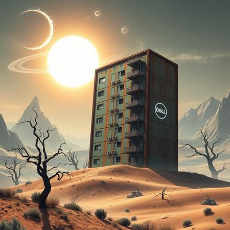 digital artwork featuring a futuristic landscape with a gigantic rusted steel apartment block, resembling a computer server in the foreground. The building, marked with a Dell logo in white, stands on a hill in a barren, undulating terrain. Old windows and balconies are visible on the building. The sky has celestial bodies, orbiting around a bright, glowing sun that casts an ethereal light across the scene. The background showcases jagged, rocky mountains and twisted, leafless trees, adding to the otherworldly atmosphere. .