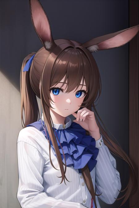 arknightsamiya, animal ears, blue eyes, brown hair, hair between eyes, ponytail, rabbit ears, rabbit girl, sidelocks, anklet, ascot, black jacket, blue ascot, blue collar, blue footwear, blue skirt, brown pantyhose, buttons, collar, jacket, jewelry, long sleeves, miniskirt, multicolored clothes, multicolored jacket, open clothes, open jacket, pantyhose, plaid, plaid skirt, pleated skirt, pocket, puffy long sleeves, puffy sleeves, red ribbon, ribbon, ring, shirt, skirt, striped, striped shirt, thighlet, two-tone jacket, vertical stripes, vertical-striped shirt, (white shirt:1.5),