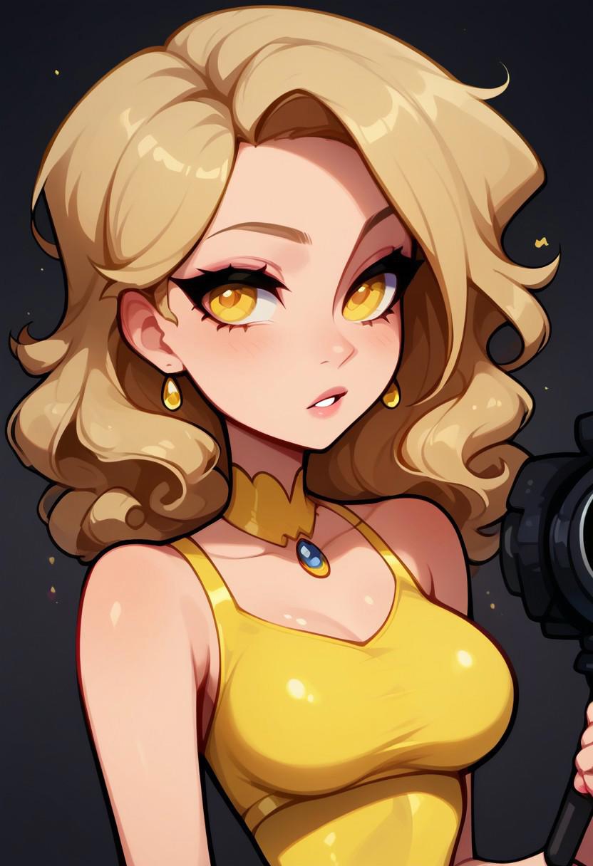 (8k resolution, score_9, score_8_up, score_7_up, absolute masterpiece, best quality, ultra detailed), upper body portrait of a seductive blonde woman with short wavy hair. (yellow eyes:1.3), standing with her shoulders pushed back, arching her back to emphasize her petite perky chest, arms down with her hands resting on her slim waist. Large hips. She wears a tight, glossy yellow outfit with exposed shoulders and a low neckline, revealing her petite and perky breasts. Behind her, a stormy sky rumbles with dark clouds and flashes of lightning, casting dramatic lighting that highlights the shine of her outfit. Her expression is alluring, her posture exuding confidence, as the energy of the storm crackles around her.