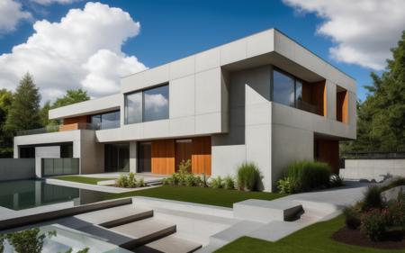 building,house,glass,white wall,outdoors,day,cloud,tree,grass,water,reflection,pavement,plant,lighting,(stairs:1.2),real,(realistic),photo realistic,architecture photography,highly detailed,(masterpiece),(high quality),best quality,super detailed,full detail,4k,8k,multiple colors,