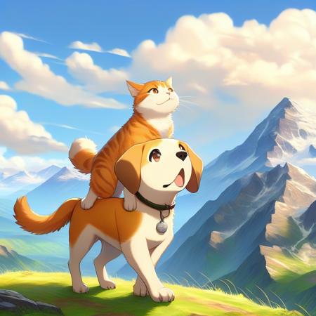 doggybackride, dog, cat, dog standing, day time, clouds, mountains, anime