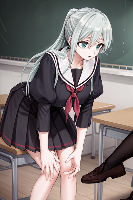 masterpiece, best quality, highres, Sharp focus, dslr photo, HD, UHD, 8K, school, classroom, subaru hoshina, 1girl, solo, long hair, skirt, shirt, long sleeves,   school uniform, ponytail, grey hair, pleated skirt, shoes, serafuku, puffy sleeves, sailor collar, black footwear, neckerchief, brown footwear,  loafers, Leaning forward, hands on the ground <lora:HoshinaSubaruV2:0.85>