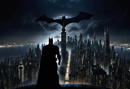 Incredibly Detailed Accurate Picture Of The Gotham City Skyline, With A BATMAN silhouette Standing In Front of It at night