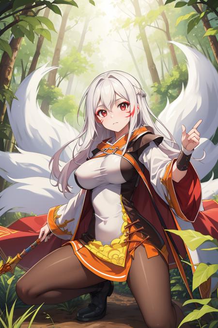 ara haan 1girl, solo, ara haan, black hair, hairpin, hair clip, yellow eyes, long hair, french braid, large breast, 1girl, solo, ara haan, eun mode, white hair:1.3, red eyes, facial mark, long hair, large breast, fox tail, multiple tails,