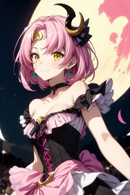 1girl,((luna_1i)),(shoulder-length pink hair,styled in the shape of a crescent moon,),yellow eyes, (wears a black and pink frilly dress,crescent moon theme),headpiece crescent moon,crescent moon choker,small breast,stage, dancing, happy, colorful lights,
