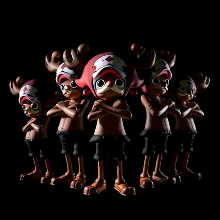 score_9, score_8_up, score_7_up, Tony Tony Chopper from One Piece, reimagined in the iconic 'Queen II' album cover pose, standing in a diamond formation with three other Chopper clones, each representing different transformations: Brain Point, Guard Point, and Arm Point. All characters are set against a deep black background, illuminated by dramatic chiaroscuro lighting inspired by Marlene Dietrich's 1932 Shanghai Express photo. The central Chopper crosses his arms over his chest, exuding a regal and mysterious aura, with subtle glimmers highlighting the contours of their forms, capturing the glam rock essence of the original 'Queen II' cover.