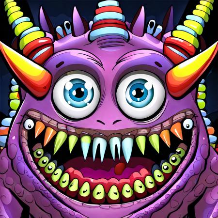 A cartoon monster, lots of fangs, derpy eyes, colorful, tentacles, horns, hd, best quality, 16k