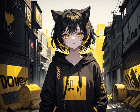 (best quality, masterpiece), (1girl, solo, cat ear black hood, standing, yellow eyes, black hair, leaning, upper body), (less light, black yellow room, Yellow graffiti behind, disorderly spray cans)