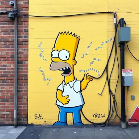 humorous street art, cartoon character, Homer Simpson style, electrocution theme, interacting with real electrical wires, integrated with environment, bright colors, yellow blue white, exaggerated expression, jagged electric shock lines, plain brick wall, urban setting, minimal background, creative and playful artwork, street art, dreamlike imagery, pastel tones, whimsical characters, faceless figures, surreal urban landscapes, childlike wonder, vibrant murals, soft gradients, cultural motifs, large-scale compositions, poetic atmosphere, imaginative storytelling.