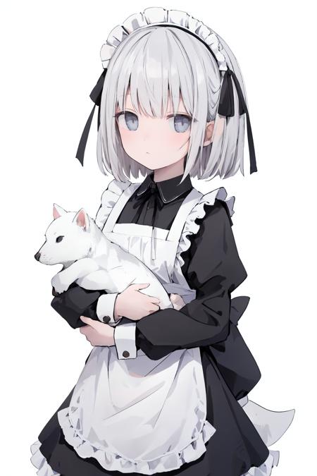 1girl, apron, maid headdress, maid, short hair, white background, dress, simple background, looking at viewer, solo, long sleeves, white apron, maid apron, ribbon, white hair, bangs, black dress, closed mouth, holding, black ribbon, holding animal, hair ribbon, blue eyes, grey hair, grey eyes, frills, frilled apron, ia-style