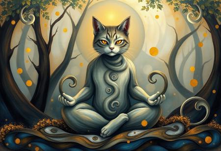 masterpiece, best quality, Fusion of spirituality and abstraction, blending serenity with fluid, dreamlike aesthetics. A serene cat meditating in a lotus pose, surrounded by abstract and swirling forms., Forest-like background with flowing, organic shapes that merge natural elements with the surreal. Hints of trees, leaves, and an ethereal glow., cat’s fur is textured with intricate, spiral-like curls that echo the abstract swirling forms around him.fur transitions seamlessly into the surrounding patterns, blending the physical with the ethereal, Subtle highlights of gold and deep blue shimmer through the fur, symbolizing enlightenment and energy. ,Swirling lines and layered textures radiating outward from the cat, - Flowing organic forms intertwined with scattered geometric shapes. - Gentle pastel chalk-like strokes and painterly accents. - Abstract symbols blending reality with surrealism, evoking the inner mind. - **Mood:** Calm, contemplative, and introspective with a sense of gentle chaos. - **Details:** - cats’s black fur flow into the abstract forms, dissolving into the dreamlike space. - Subtle glowing aura around the cat, emphasizing spiritual energy. - A mix of pastel tones (blues, greens, soft oranges) with occasional vibrant accents to highlight focal areas. - **Impression:** - Evokes a sense of imagination and introspection. - Combines elements of spirituality with whimsical and painterly abstraction.