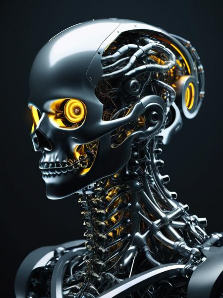 An enthralling 3D render unveils a dark fantasy mechanical neck spine system, envisioning a futuristic and sinister concept. The spine is intricately detailed, incorporating fiber optic neurons that interconnect with a polished, transparent helmet. The helmet houses electronic-optical eyes that emit a subtle, enigmatic glow, contributing to the ominous appearance. The design masterfully merges advanced technology with the macabre, eliciting a sense of enigma and captivation. This conceptual artwork prompts the viewer to contemplate the intersection of technology and dark fantasy, evoking a blend of fascination and discomfort.