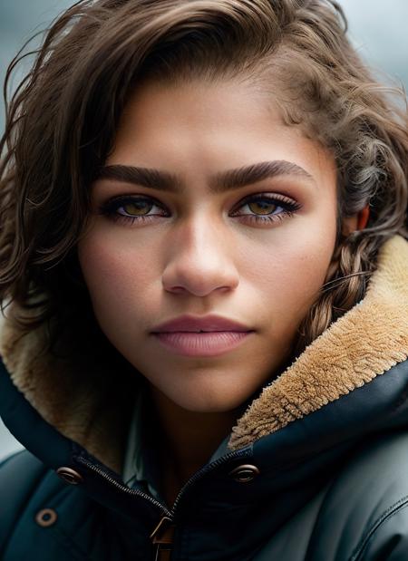 portrait of skswoman, withdrawn , wearing outerwear , with brown Choppy layers epic (photo, studio lighting, hard light, sony a7, 50 mm, matte skin, pores, colors, hyperdetailed, hyperrealistic), <lyco:Zendaya:1.2>