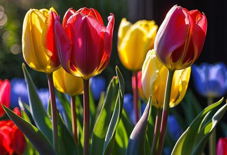macro photo, close-up, masterpiece, 4k, ray tracing, intricate details, highly detailed, hyper realistic, 8k RAW editorial photo.
red, pink, yellow, blue, white tulips,lit by the sun, dramatic light, shallow depth of field,