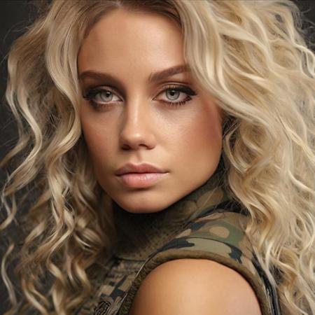 <lora:celestebonin_xl_lora-000037:1> celestebonin beautiful woman (fashion 1.3) photo of a vivacious woman a Supermodel, Striking eyes, voluminous thick wavy hair, lipgloss, wearing intricately detailed tactical clothing, looking at viewer, seductive expression, (upper body shot:1.3) Studio lighting, shot using a Hasselblad 500CM on Fujicolor Pro film in the style of (Hans Bellmer:1.1) High detail, intricate, detailed face, detailed eyes, detailed skin, Golden Section,