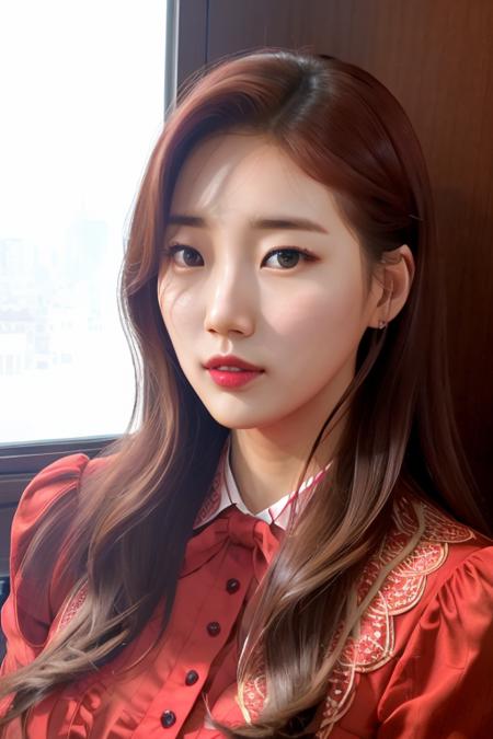 a baesuzy, perfect eyes, red dress, window, book, table, (ultra realistic:1.2), (standing in castle room:1.1), (close-up photo:1.4), (masterpiece:1.1), (intricate:1.2), (looking at camera:1.2), (dramatic:1.1), (best quality:1.2), <lora:baesuzy-v2-sh:1>