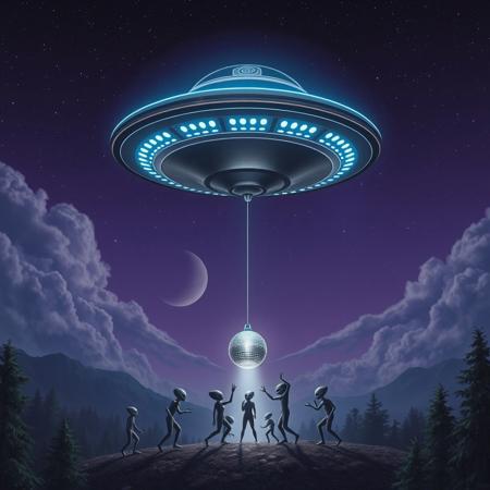 detailed, high resolution, 4k, UFO, alien space ship, a UFO is hovering in sky, night, clouds, dark purple sky, stars, big stars, small stars, nebula, UFO is glowing blue slightly, UFO is dangling a disco ball, disco ball hanging from under the UFO, disco ball is attached by a rope, disco lights, forest, mountains, forest clearing, a bunch of aliens are dancing in the forest clearing, the aliens are having a dance party, aliens are break dancing, dynamic poses, dynamic dance moves, birds eye view, view from above,