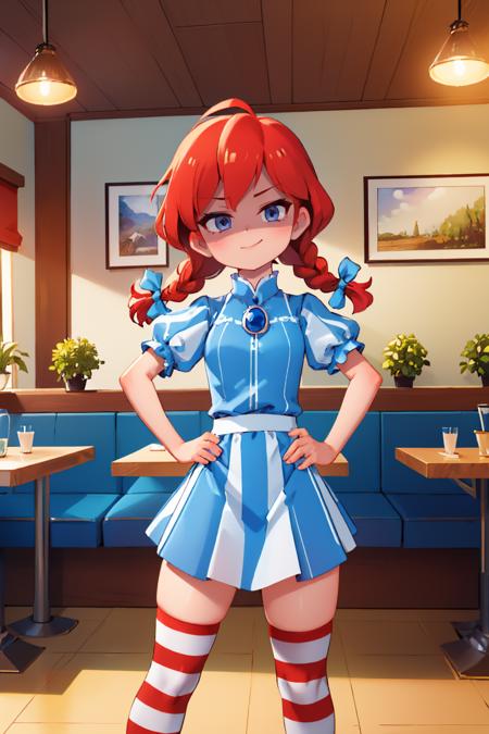 (masterpiece, best quality:1.2), solo, 1girl, ffwendys, shaded face, smug, smirk, looking at viewer, hands on hips, twin braids, hair bow, striped dress, striped sleeves, puffy sleeves, striped thighhighs, indoors, restaurant <lora:fastfood_wendys-10:1> <lora:concept_shadedface-10:1>