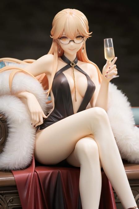 garage kit, 1girl, breasts, glasses,black dress, long hair,nude,naked,large breasts, nipples,  yellow hair, crossed legs, sitting, jewelry, cup, solo, looking at viewer, earrings, feather boa, holding, drinking glass, red nails, bare shoulders, medium breasts, holding cup, closed mouth, nail polish, yellow eyes, bare legs, lips, thighs, feet out of frame, bangs, alcohol, smile, legs, hair between eyes, orange eyes,pantyhose, white legwear, white thighhighs, 
best quality, high quality, <lora:garage_kit-000014:0.65>,