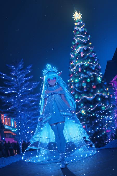 ((flourescent theme)), iridescent aura, christmas tree, market place, aurora borealis,  high quality, best quality, highres, full body, high detail,  masterpiece, pointy ears, best quality, <lora:Bluemageddon:1.1>,