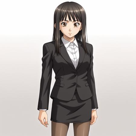 MaiMorisaki,1girl,black hair,long hair,brown eyes, business_suit,jacket, black skirt, pantyhose,