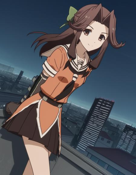 jitsuu, long hair, brown hair, brown eyes, hair intakes, jintsuu (kancolle) skirt, gloves, school uniform, serafuku, black gloves, elbow gloves, neckerchief,