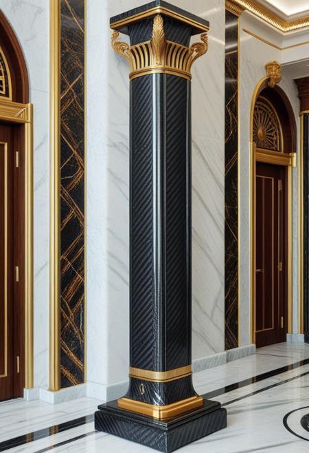 cf_style, carbon fiber sculpture, gold trim, on marble column, art deco, retro style, rich mansion interior, masterpiece, best quality, highly detailed, high resolution, absurdres