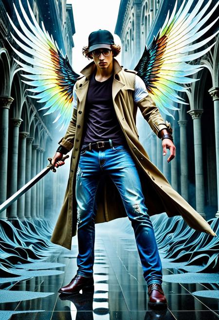 lazypos
youthful, fit, athletic, man, reverse_baseball_hat, wild hair, ash brown hair, glasses, hazel eyes, fit, ((casual_clothes)), sleeveless trench coat, tee shirt ((White)), damaged blue jeans, (((ONLY one arm armored))), its surface etched with surreal, almost organic patterns pulsing faintly beneath.
He grips a wide-bladed sword that shimmers with iridescent hues, like light fractured through stained glass. Gothic wings flare behind him, torn, luminous, and feathered with shifting shadows. A looming evil shadow curls around his feet, not just cast but alive, writhing with subtle, whispering forms.
The pose is dynamic, caught mid-motion as if pulled from a dream at the edge of a nightmare. Behind him, the world bends into a vibrant, surreal composition: rich, dreamlike colors flood the scene, and the comic-book linework is laced with macabre undertones—soft cracks in the sky, impossible architecture in the distance, and a feeling of something deeply wrong under the surface.
A strange tension hums in the background, where glowing particles drift like lost thoughts, and his one armored arm almost looks grown rather than built, a blend of the beautiful and the unsettling, evoking both wonder and dread.
illustration, Dark comic style, dynamic posing