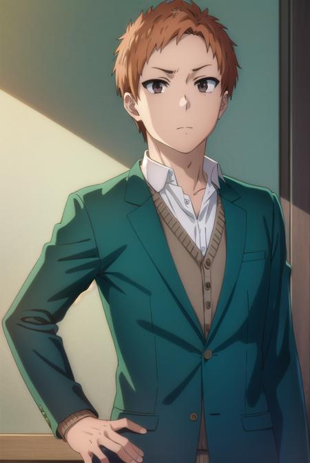 tatsumitanabe, <lora:tatsumi tanabe s1-lora-nochekaiser:1>,
tatsumi tanabe, short hair, (brown eyes:1.5), male focus, orange hair,
BREAK shirt, school uniform, jacket, white shirt, blazer, green jacket, (green blazer:1.5),
BREAK indoors, classroom,
BREAK looking at viewer, (cowboy shot:1.5),
BREAK <lyco:GoodHands-beta2:1>, (masterpiece:1.2), best quality, high resolution, unity 8k wallpaper, (illustration:0.8), (beautiful detailed eyes:1.6), extremely detailed face, perfect lighting, extremely detailed CG, (perfect hands, perfect anatomy),