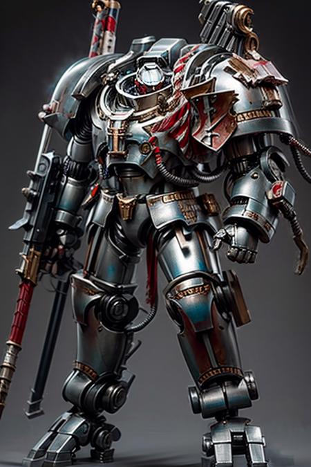 Photo of  dreadknight, full metal armor, wearing intricate ornamented metal armor, 
solo, (dreaknight:1.2), epic, full metal armor, silver armor, bronze trimmings, tall stature,
<lora:tool - add_detail:1> <lora:Grey Knights MK1 by CARAXES:0.8>