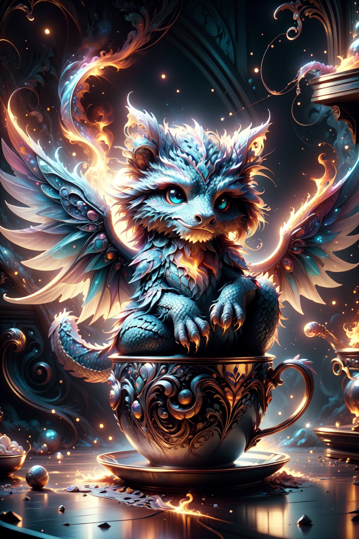 an adorable [kitty cat: dragon: 0.7] with wings, fire, in a cup of tea, in a magical wizard's kitchen, extremely detailed,...