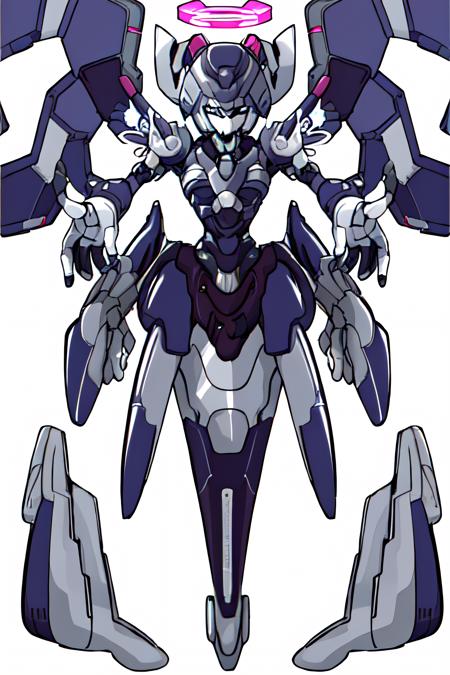 solo digital image of a humanoid robot (medabotV1) with halo horns, no mouth and sharp angular body and wings with 2 arms, 2 hands, 2 legs, and glowing parts, looking at viewer in full view with a random pose, symmetrical body, symmetry, white background, simple background, 