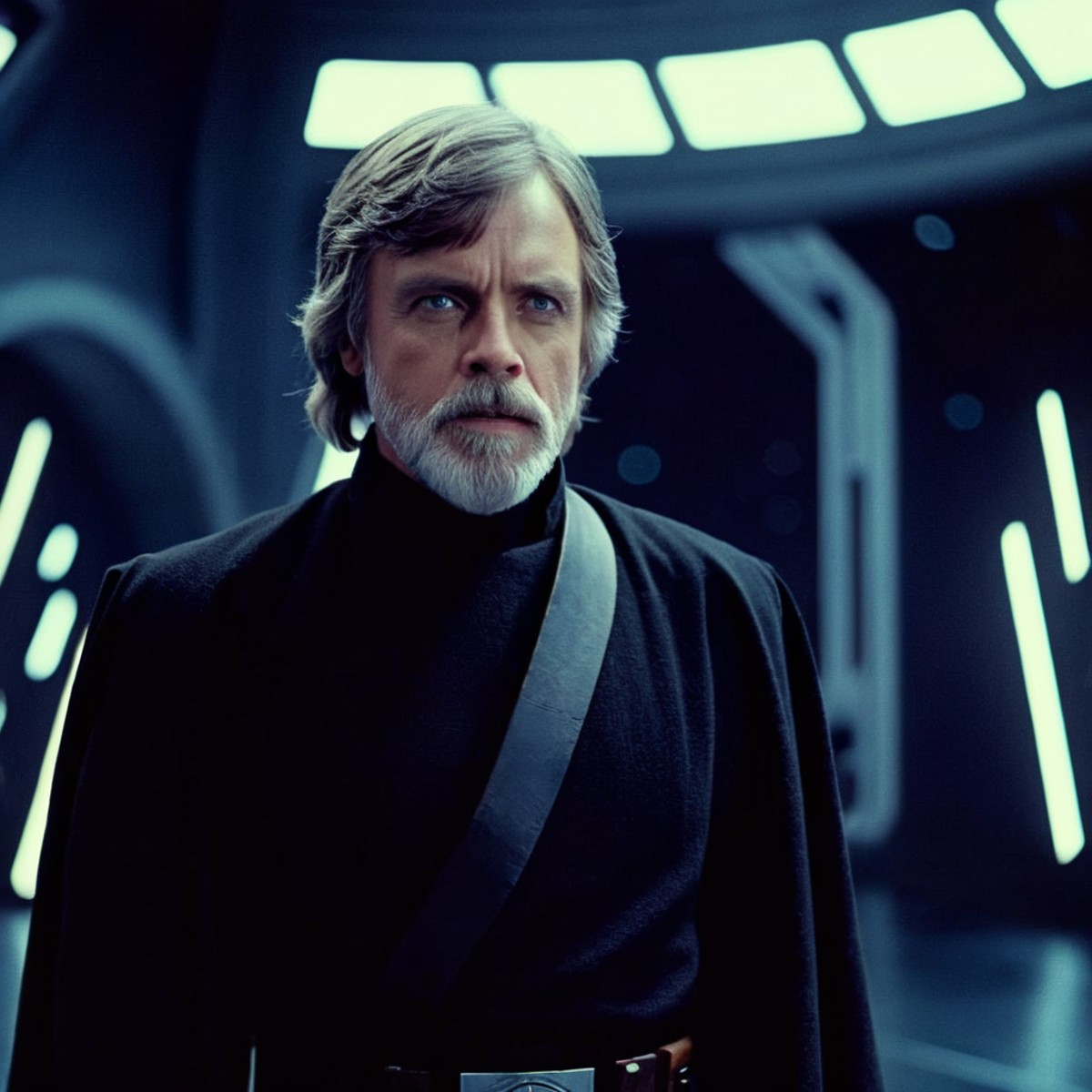 cinematic film still of  <lora:Luke Skywalker:1.2>
Luke Skywalker a man with a grey beard and a black jacket in star wars ...