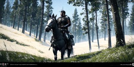 DMD,scene,tree,riding,horse,forest,horseback riding,nature,weapon,armor,outdoors,holding weapon,helmet,sword,holding,full armor,scenery,multiple boys,