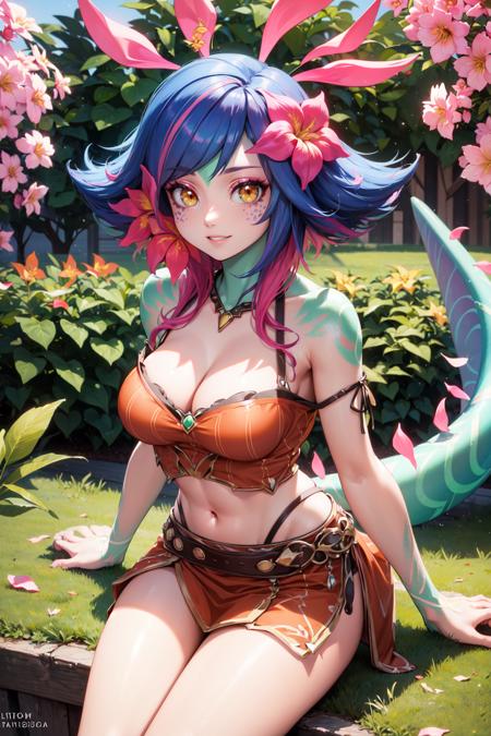 neeko, hair ornament, colored skin, flower, hair flower, tail, green skin, medium hair, shiny, pink hair, shiny hair, monster girl, lizard tail