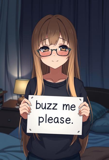 1girl, anime girl holding a sign with text "buzz me please", solo, long hair, expressive eyes, dark eyeshadow, detailed skin,
detailed face, perfect face, closed eyes, long hair, shy smile, blonde hair, glasses, casual clothes, bedroom,
illustration, perfect composition, dramatic lighting, film grain, highly dramatic background, cinematic film still,
very aesthetic, (intricate details, (incredibly detailed), high detail, ultra-detailed), (hyperdetailed), (soft focus:1.1),
absurdres, (hires textures), (4k), (masterpiece, best quality)