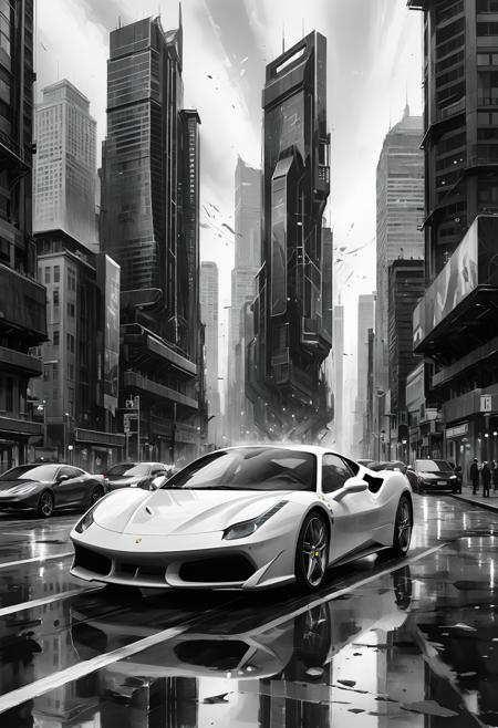 A black and white 50mm face-focus illustration of Ferrari in a ink wash drawing style, set in A high-tech utopian metropolis with levitating architecture, a dynamic catching pose and an worried expression. The scene is illuminated by deep cinematic contrast, enhancing the epic atmosphere. Shattered holograms flickering and distorting. The image boasts razor-sharp details, immersive textures, and a breathtakingly realistic 8K quality. Meticulous craftsmanship ensures that every nuance of the motif shines in extraordinary resolution., <lora:add-detail-xl:0.5>,  <lora:xl_more_art-full_v1:0.8>,