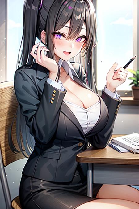  yuuki nanase, 1girl , solo , white shirt ,collared shirt ,black coat, business suit,partially unbuttoned,long sleeves, office lady,   large breast , twintails, long hair , black hair , purple eyes, cleavage, looking at viewer, sitting , from side , desk , hand rest , office (place),office chair, white white background, smile, open mouth, pencil skirt,