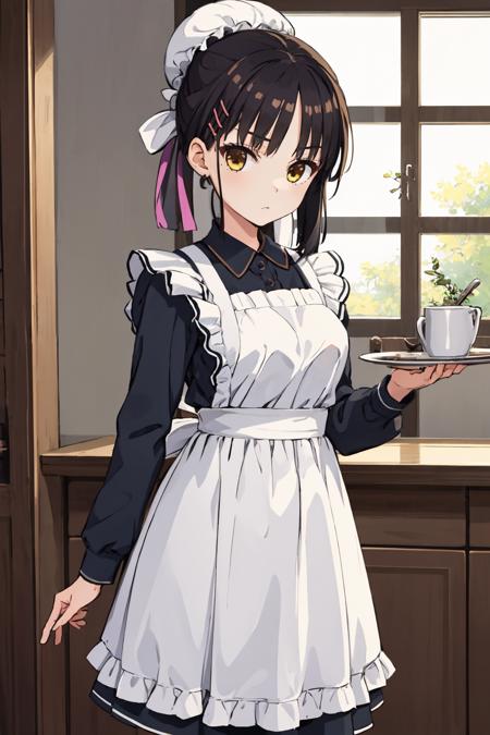 shiki natsume, hairclip hair bun, bun cover, frills, dress, yellow bow, long sleeves, apron white shirt, suspenders, long sleeves, brown skirt