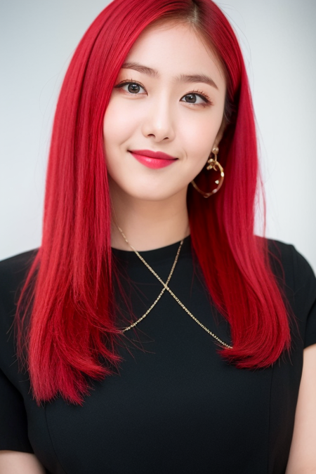 sinb, 1girl, solo, long hair, looking at viewer, smile, shirt, brown eyes, jewelry, closed mouth, upper body, red hair, earrings, medium hair, necklace, blurry, lips, parted bangs, black shirt, makeup, blurry background, realistic, red lips