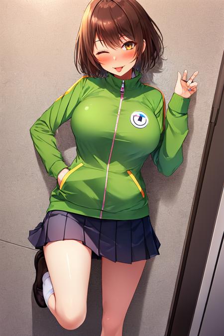 (masterpiece, best quality:1.2), <lora:hot_melon:.65>, hot melon, 1girl, brown hair, one eye closed, short hair, solo, skirt, brown eyes, jacket, track jacket, hand in pocket, socks, v, shoes, smile, white socks, against wall, looking at viewer, green jacket, pleated skirt, houndstooth, loafers, miniskirt, button badge, ;p, badge, full body, breasts, long sleeves, standing, standing on one leg, school uniform, large breasts, zipper