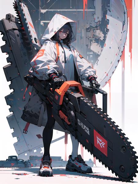 absurdres, highres, ultra detailed,
1girl,oversized hooded jacket,full body,
holding mechanical chainsaw,
 <lora:weapon_v01:0.7>