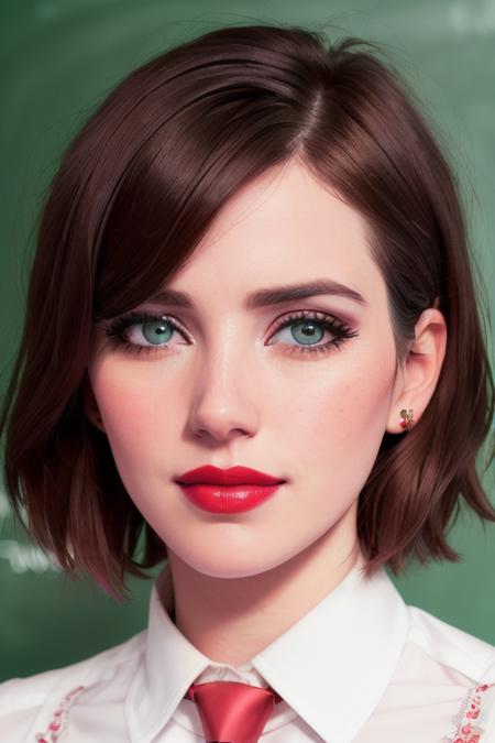 photo of a woman, emmaroberts-2328:0.99,((short hair):1.2) ((necktie, white shirt, skirt)), (smug, horny), ((closeup, portrait)),((chalkboard, classroom):1.1),((red lipstick,heavy eyeliner, heavy eye shadow, blush):1.2), ((best quality, masterpiece, extreme details, high resolution):1.2),((detailed eyes, beautiful eyes, detailed face, beautiful face):1.2)