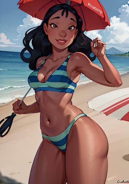 (NaniWaifu:1), smile, cute, cute pose, looking at viewer, thick thighs, (striped bikini:1),

(realistic:1.2), (realism), (masterpiece:1.2), (best quality), (ultra detailed), (8k, 4k, intricate),(full-body-shot:1),(Cowboy-shot:1.2), (85mm),light particles, lighting, (highly detailed:1.2),(detailed face:1.2), (gradients), sfw, colorful,(detailed eyes:1.2),

(detailed ladscape, beach, sea, umbrella on sand:1.2),(detailed background),detailed landscape, (dynamic angle:1.2), (dynamic pose:1.2), (rule of third_composition:1.3), (Line of action:1.2), wide shot, daylight, solo,

 <lora:Nani_character-20:0.8>