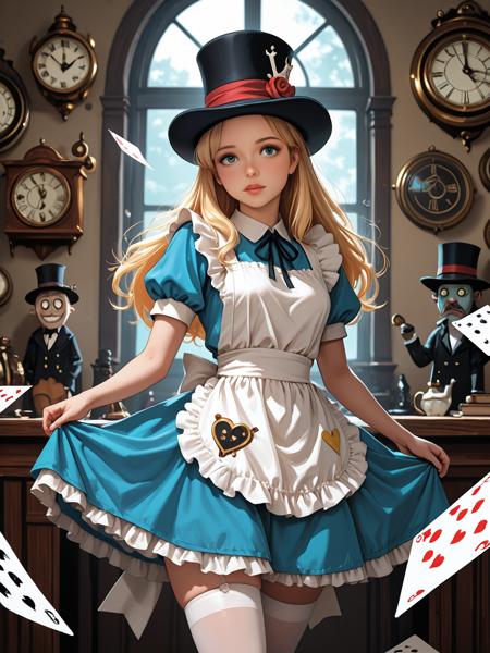 UnderlandAlice,  Score 9, Score 8, Score 7, Masterpiece, High Quality, Good Quality, Latest Model, High Resolution, alice in wonderland, blonde hair, short blue dress, white apron, white thighhighs, BREAK Mad Hatter, top hat, clocks, tattered, fantasy horror, studio ghibli nightmare, neil gaiman aesthetic, soft shadows, cinematic lighting, masterpiece