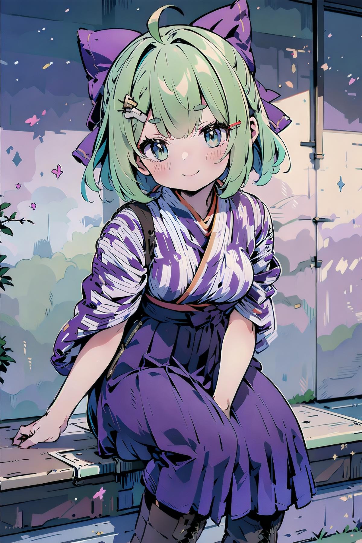 Green Short Hair Purple Bow Girl image by KeyTail