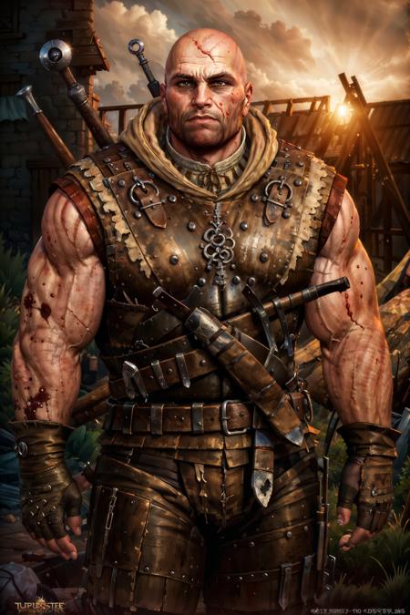 (masterpiece, top quality, best quality, official art, detailed:1.2),  <lora:letho:0.7>, letho_soul3142, vest, blood, facial hair, scar on face, beard, injury, realistic, blood on clothes, bald, muscular