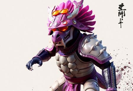 Samurai Beast Kyubi - Purple-plated guardian with pink ceremonial helmet, orange battle goggles resting atop snout-like faceplate, dynamic pose showing articulated white armor segments, rendered in Unreal Engine 5 with Octane lighting, set against minimalist Primitive Planet backdrop with splash ink effects.