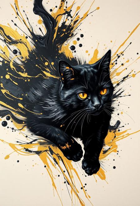 A hyper-stylistic, extremely detailed image depicts a breathtaking painting, crafted from a combination of smeared black and gold metallic paint. A cat is captured in a streaked motion, as if it is moving rapidly in one direction. The black paint is applied in bold, dynamic strokes, creating a sense of energy and movement that is contrasted beautifully by the golden accents. The gold paint is used to highlight the cat's features, adding a sense of depth and dimensionality to the image. The overall effect is one of breathtaking, surreal dynamism, as if the viewer has captured a fleeting moment in time. Every detail of the image is meticulously crafted, from the delicate, swirling patterns of the gold paint to the intricate, textured patterns of the black paint. The contrasts between light and dark, color and texture, create a sense of tension and energy that draws the viewer in, inviting them to explore the kinetic world of the painting. highest-Quality, intricate details, visually stunning, Masterpiece