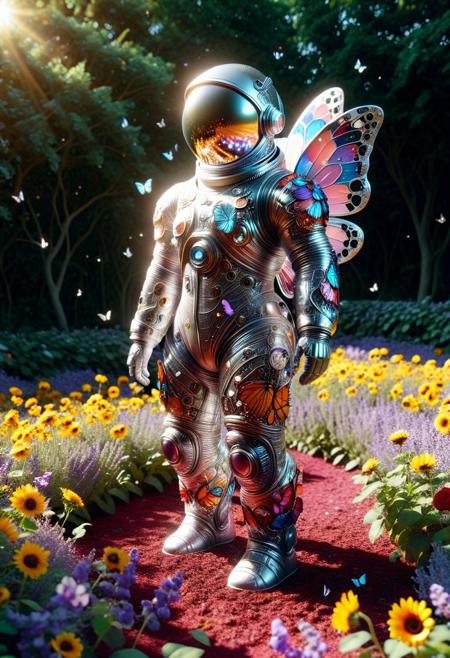 A seasoned astronaut made of tech butterfly in a sleek, reflective space suit, complete with a bulky helmet that gleams under the sunlight, stands amidst a vibrant garden filled with blooming flowers of all colors—crimson roses, golden sunflowers, and lavender violets. The lush greenery surrounding the astronaut creates a stark contrast to their metallic attire. tech butterfly flutter above, tech butterfly creating playful patterns on the ground. The scene evokes a whimsical high tech, blending the extraordinary imagery of space exploration with the tranquility of nature. The artistic style is hyper-surealistic, capturing every minute detail of the astronaut's suit and the intricate textures of the flowers and foliage.butterflyStyle, made of tech butterfly